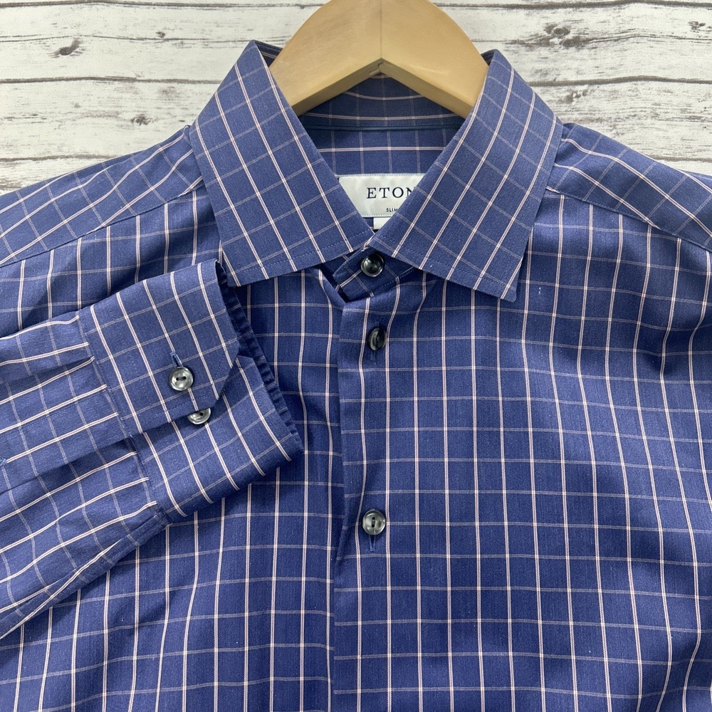 Eton Slim Fit Dress Shirt Large 41-16 Blue Red Check Windowpane Plaid LS